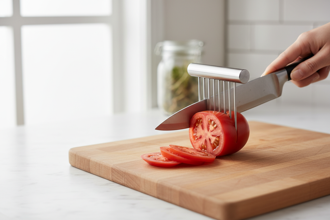 Tient-Légumes Inox — Tranchez Oignons & Tomates Sans Glisser