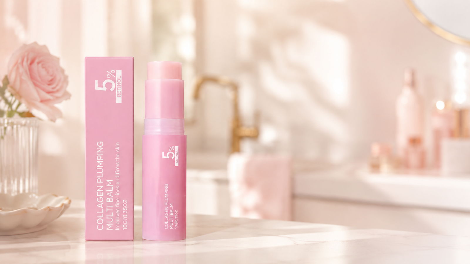 Le stick sérum posé sur une vasque de marbre